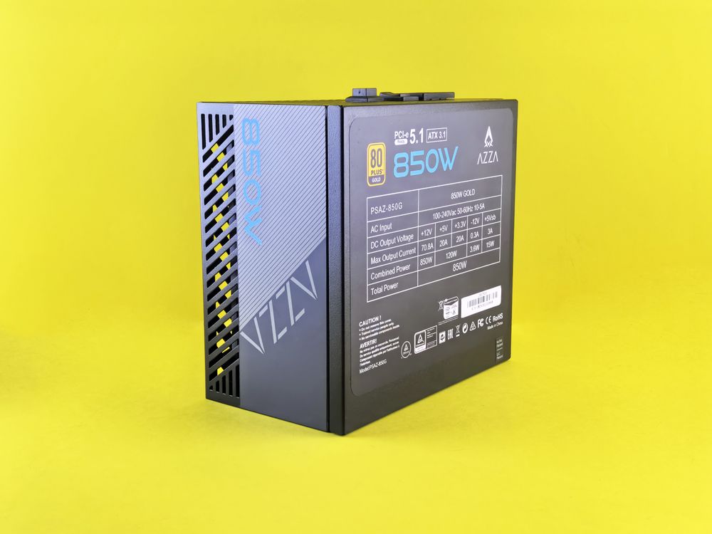A high-efficiency 850W power supply unit with gold certification on a vibrant yellow background.