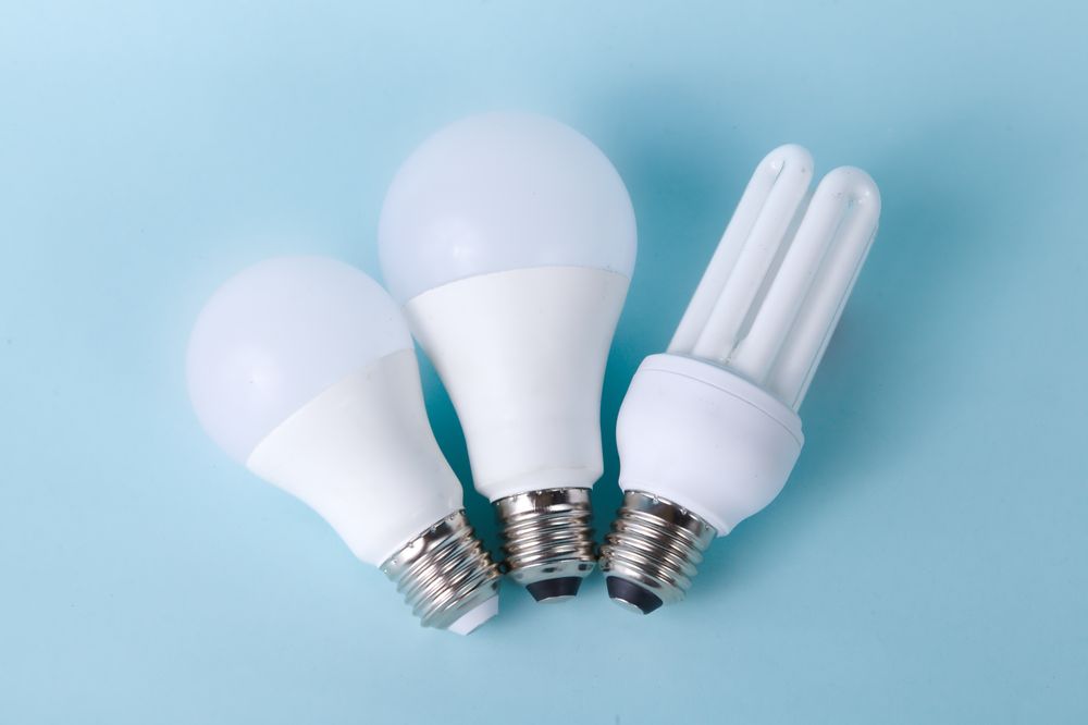 Three assorted LED and CFL light bulbs against a light blue background.